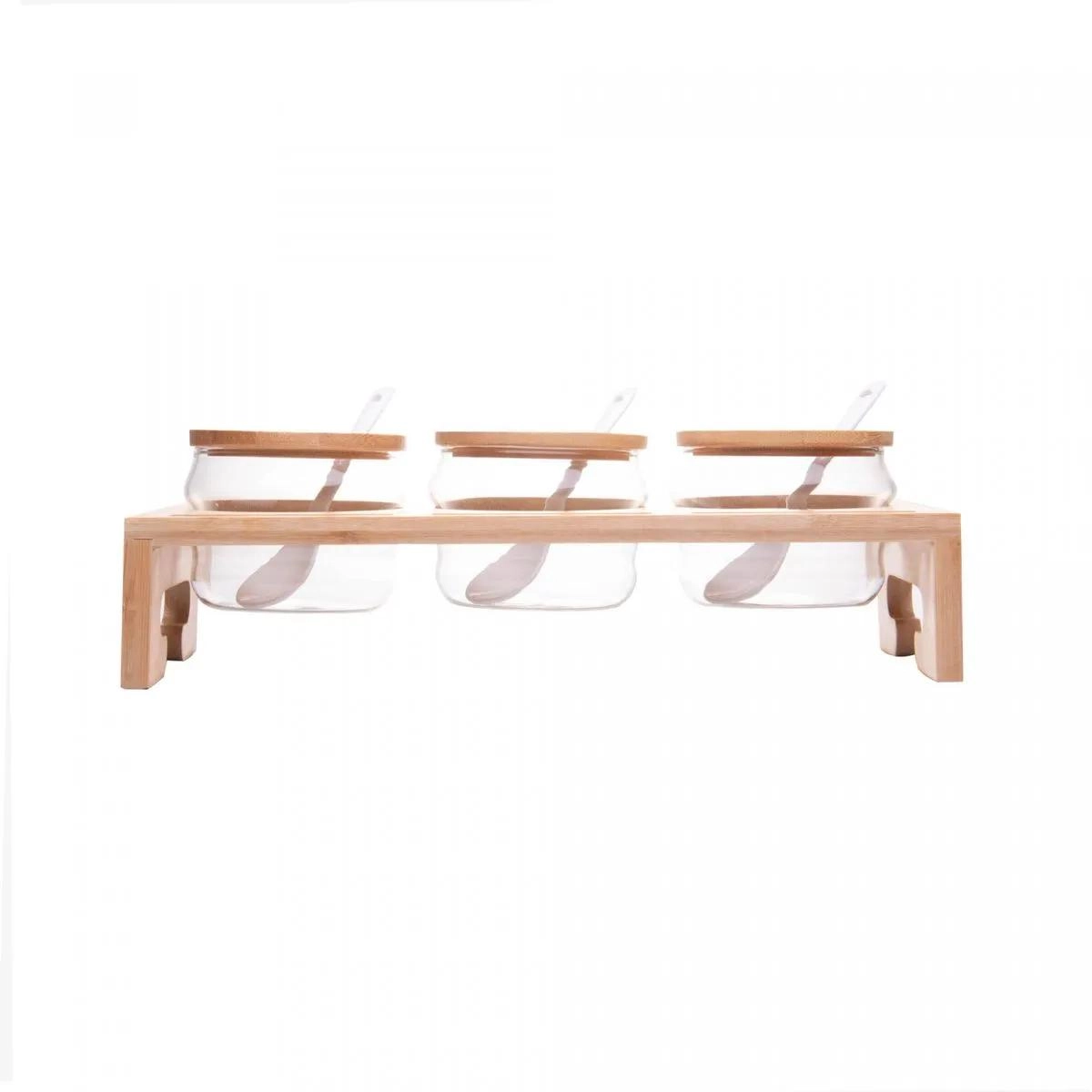 Conj 3 Porta Temperos Vidro 230ml C/ Tampa E Suporte Bambu Rojemac