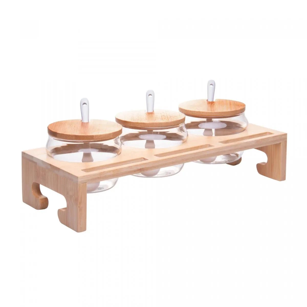 Conj 3 Porta Temperos Vidro 230ml C/ Tampa E Suporte Bambu Rojemac