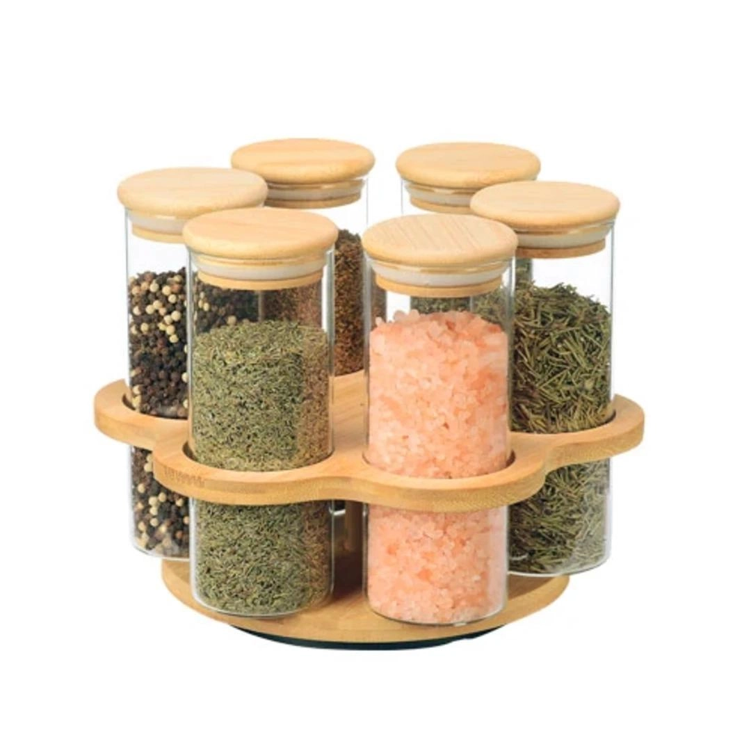 Conj 6 Porta Condimentos Borossilicato 320ml C/ Tampa E Suporte Bambu Fullfit