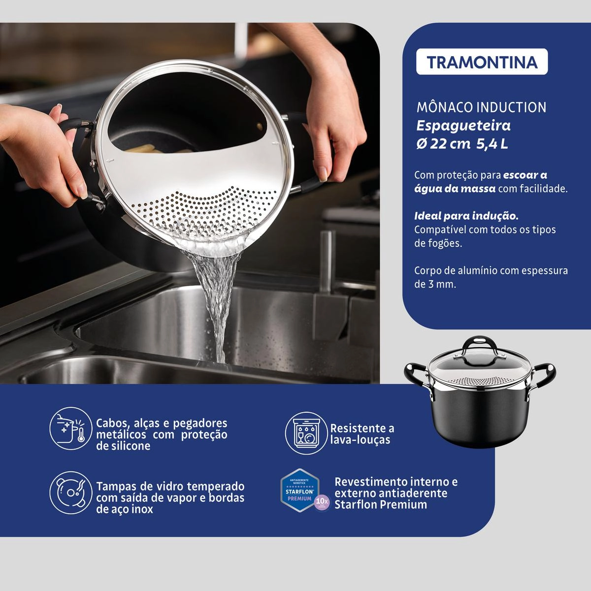 ESPAGUTEIRA 28709/022 MONACO INDUCAO PRETO 22CM 5,4LTS ALUMINIO C/ REV ANTIADERENTE TRAMONTINA