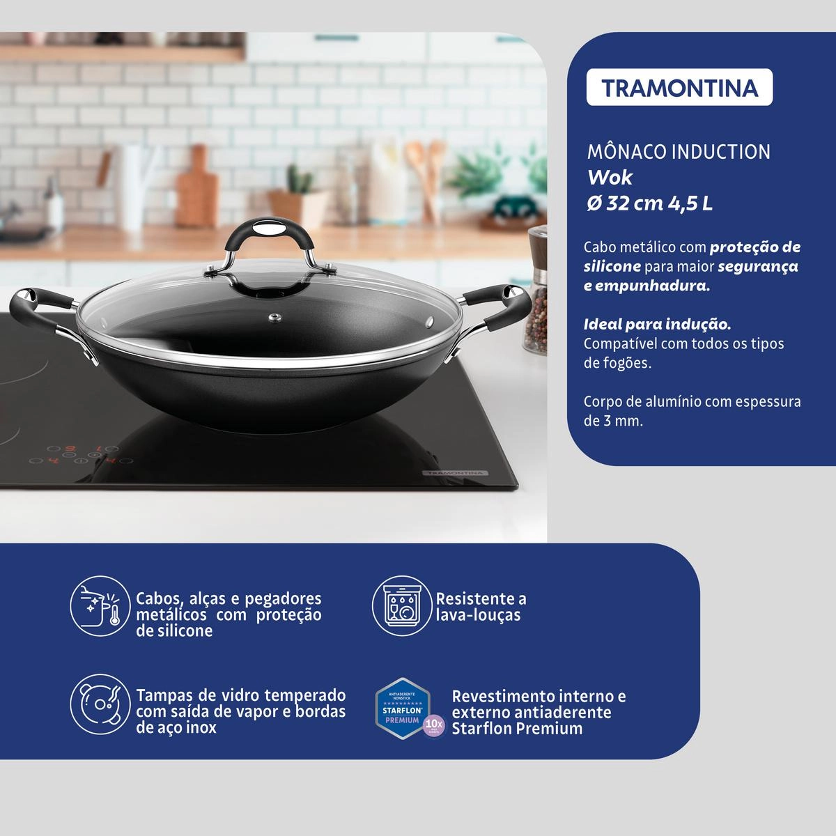 PANELA WOK 28708/032 MONACO INDUCAO PRETO 32CM 4,5LTS ALUMINIO C/ REV ANTIADERENTE TRAMONTINA