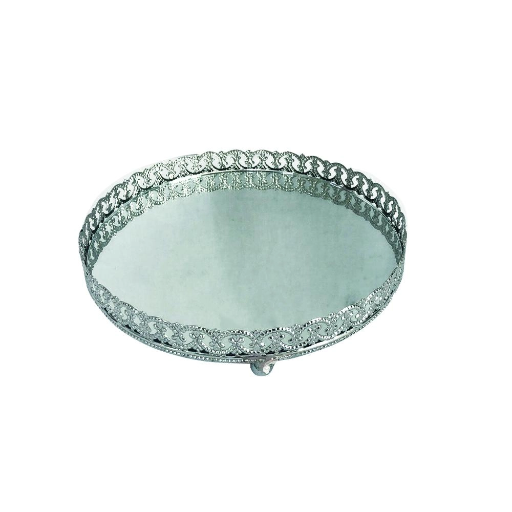 Bandeja Redonda Decorativa de Metal com Espelho Prateada 18,5 cm Class Home
