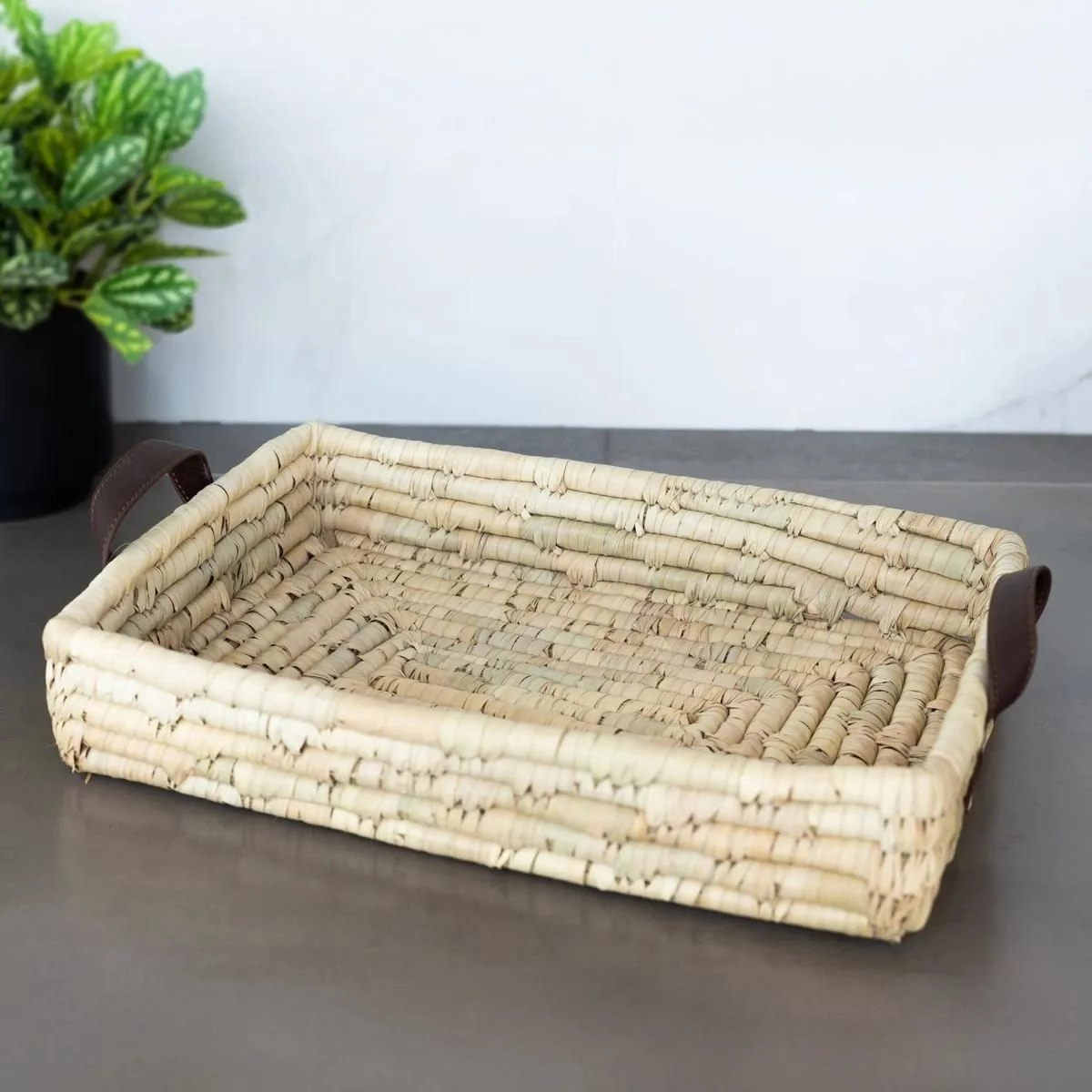 Bandeja Retangular Braid Decorativa Fibra Nat/Couro Lyor Design