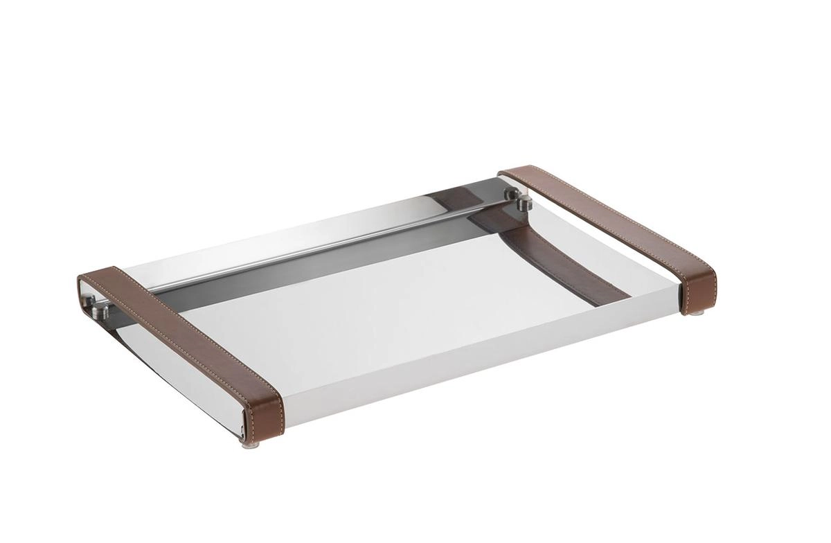 Bandeja retangular Firenze em inox com alças de couro 40 x 26,5 cm - Forma