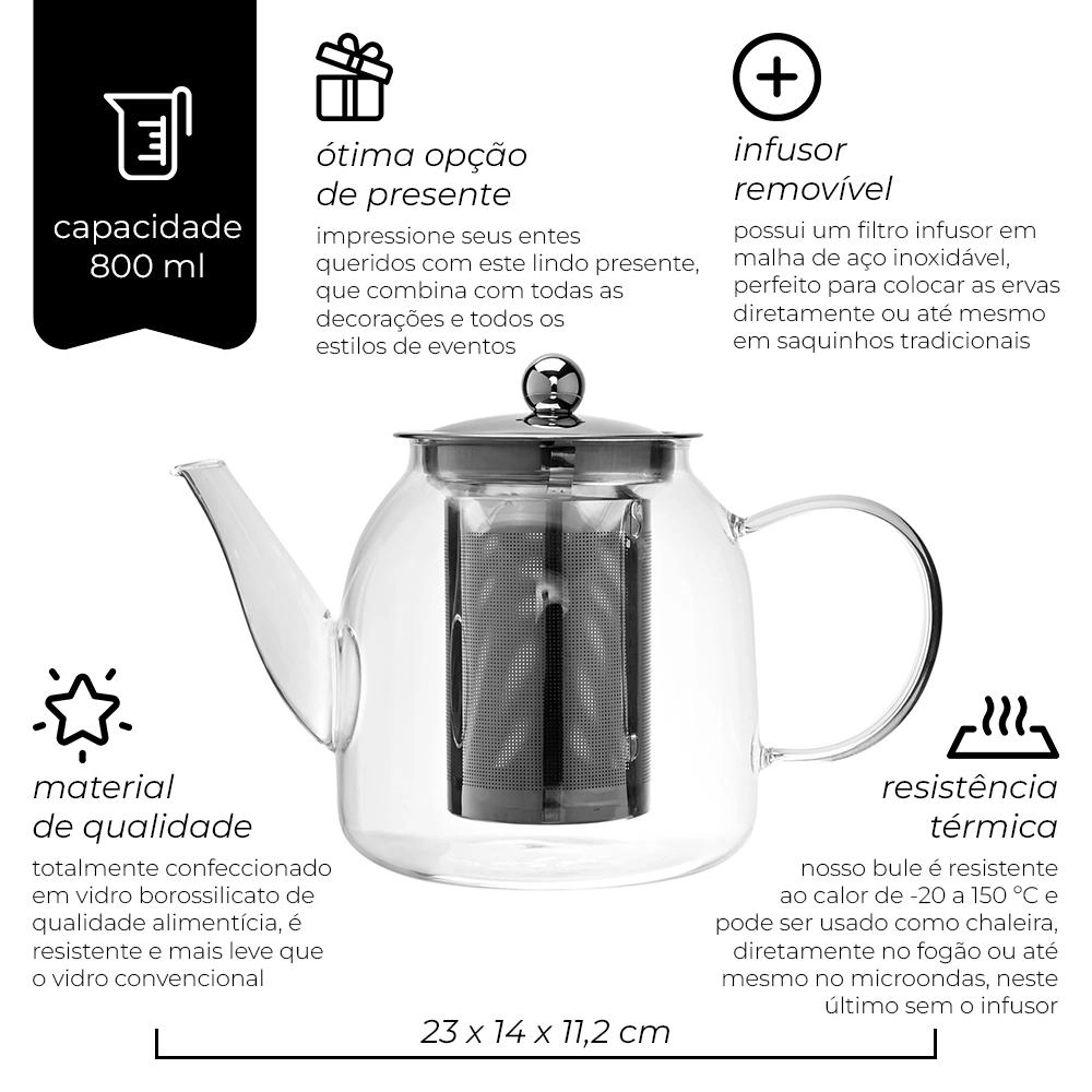 Bule Cha Vidro Borossilicato 800ml Mimo Style