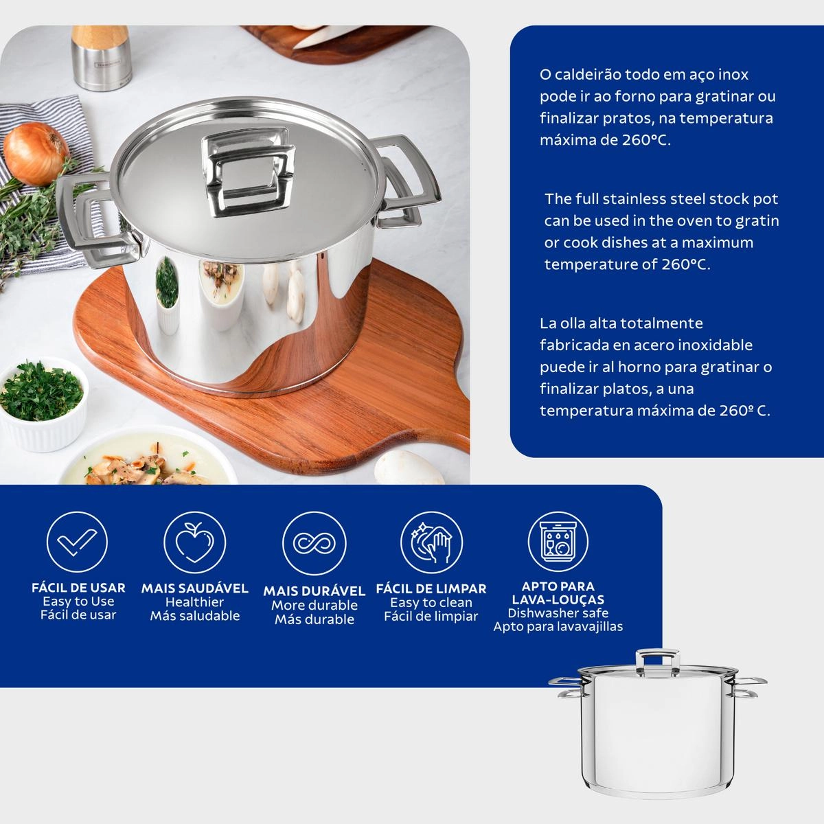 Caldeirão brava 20cm 4,6L com tampa e fundo triplo inox - Tramontina