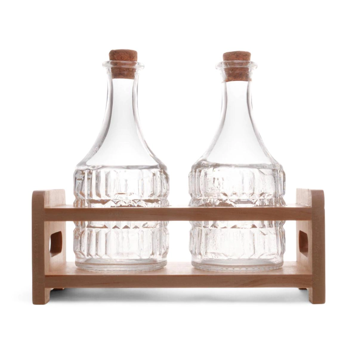 Conj 2 Garrafas Azeite 180ml Vidro C/ Suporte Madeira Lyor Design