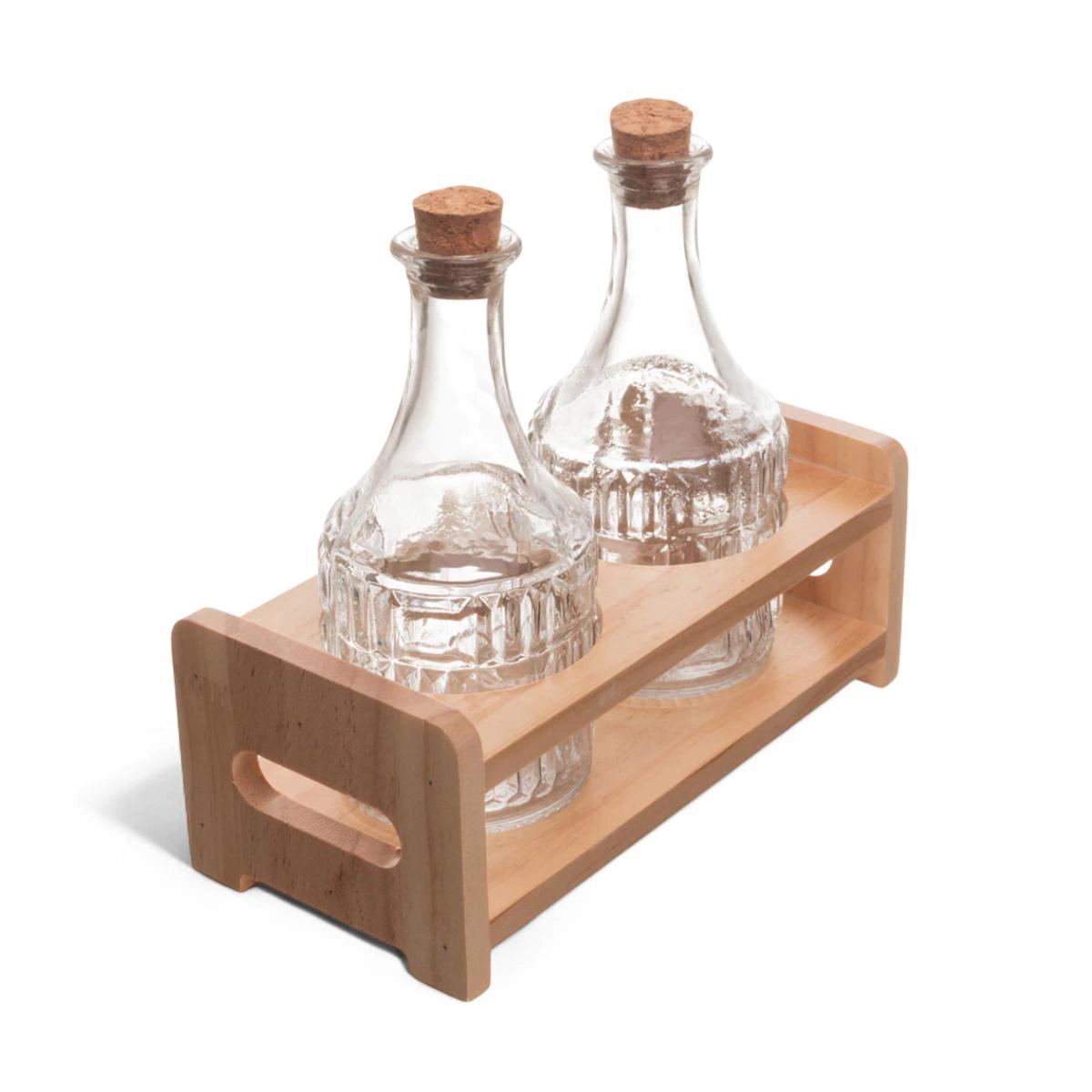 Conj 2 Garrafas Azeite 180ml Vidro C/ Suporte Madeira Lyor Design