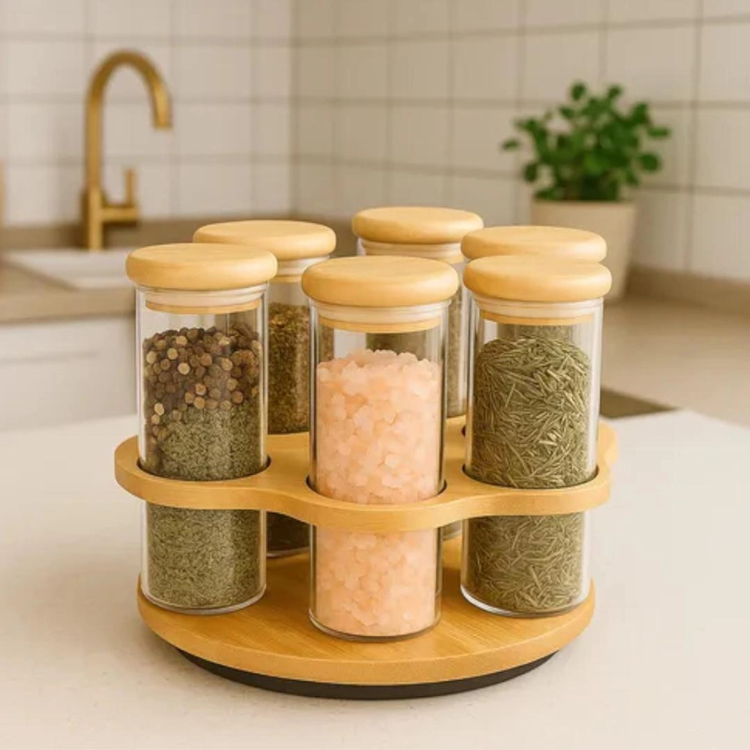 Conj 6 Porta Condimentos Borossilicato 320ml C/ Tampa E Suporte Bambu Fullfit