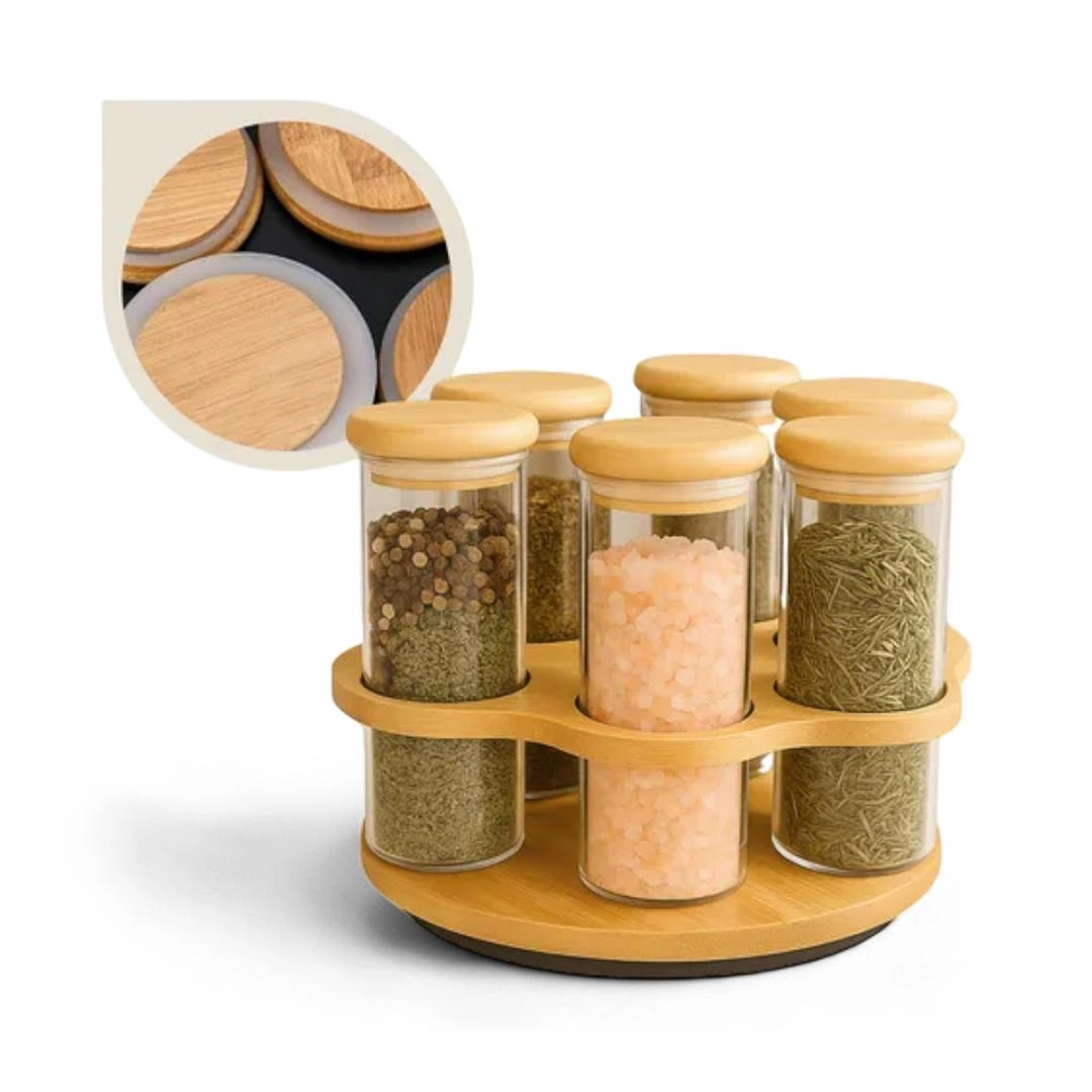 Conj 6 Porta Condimentos Borossilicato 320ml C/ Tampa E Suporte Bambu Fullfit