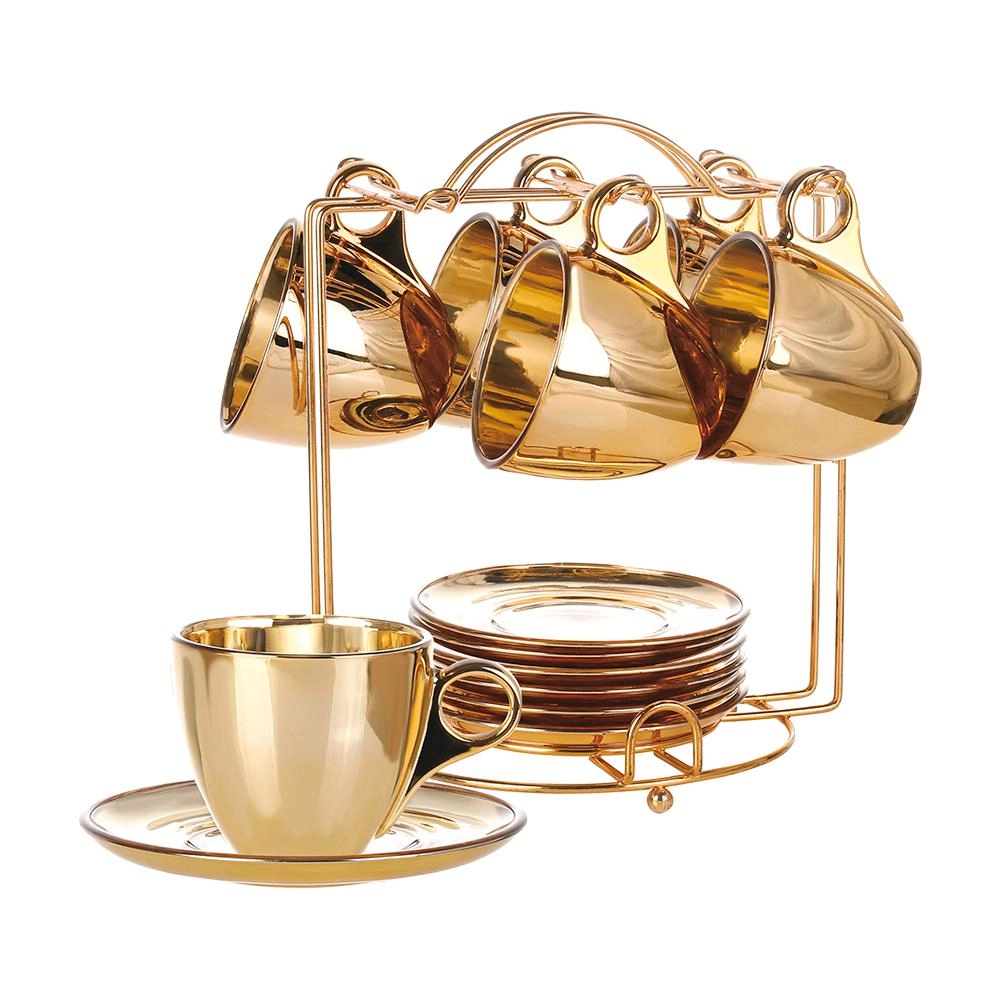 Conjunto de xícaras para café seul 6 peças com pires e suporte dourado 85ml - Etilux