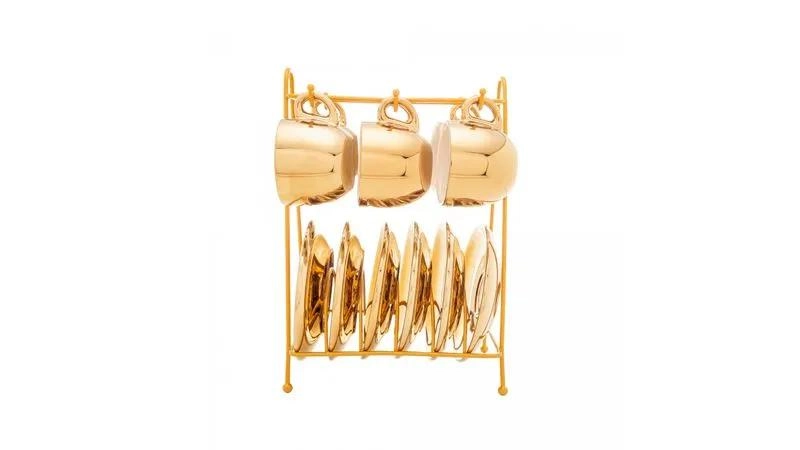 Conjunto de xícaras para café seul 6 peças com pires e suporte dourado 85ml - Etilux