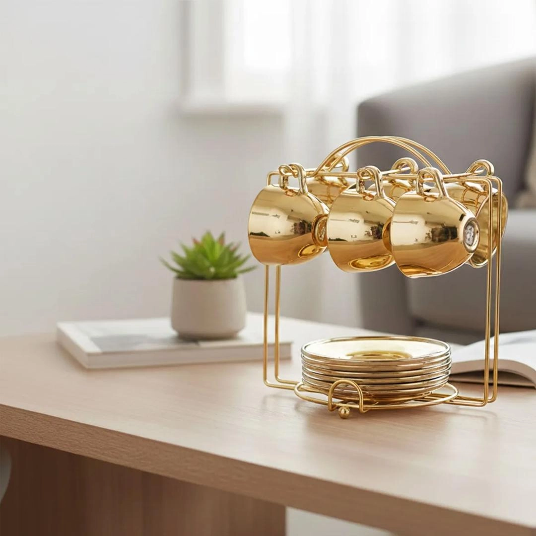 Conjunto de xícaras para café seul 6 peças com pires e suporte dourado 85ml - Etilux