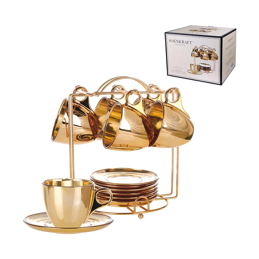 Conjunto de xícaras para café seul 6 peças com pires e suporte dourado 85ml - Etilux