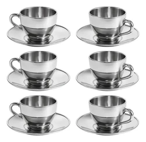 Conjunto de xícaras para chá seul 6 peças com pires e suporte prata 170ml - Etilux
