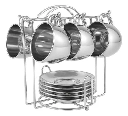 Conjunto de xícaras para chá seul 6 peças com pires e suporte prata 170ml - Etilux