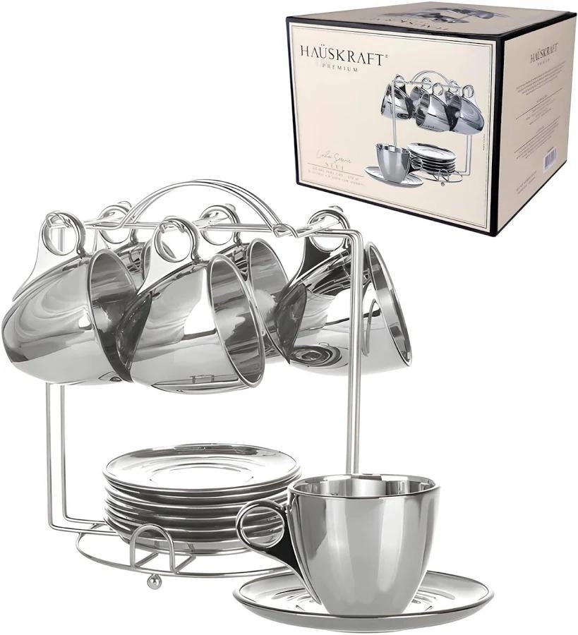 Conjunto de xícaras para chá seul 6 peças com pires e suporte prata 170ml - Etilux