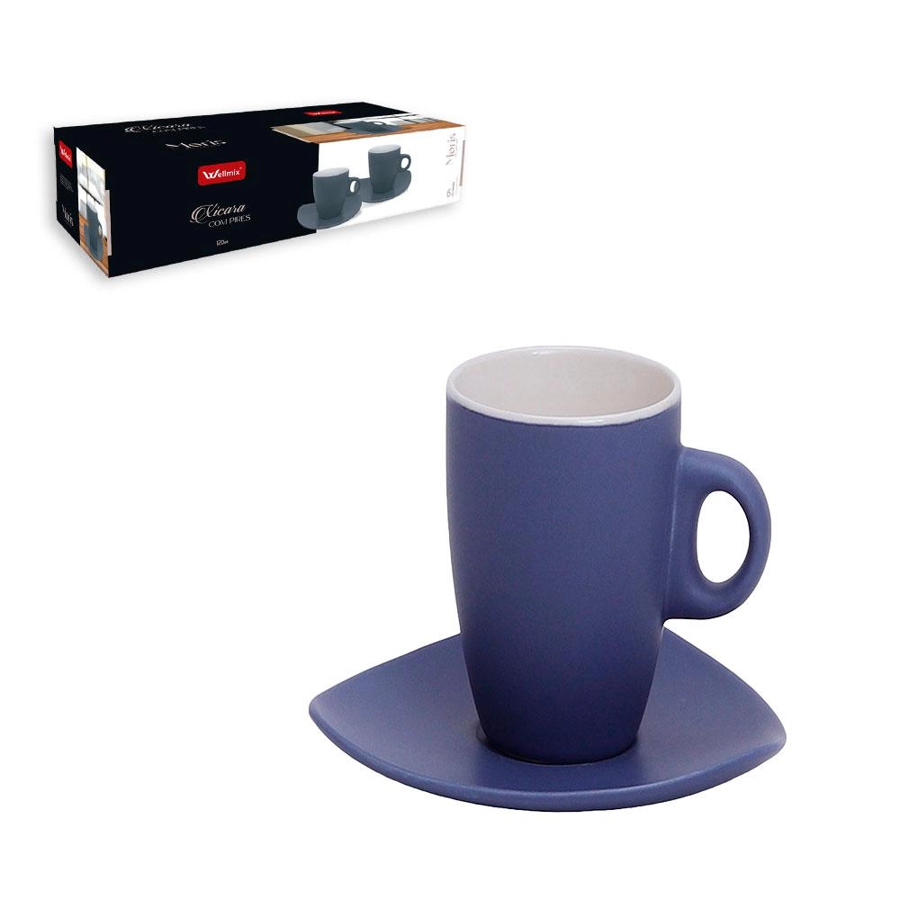 Conj 6 Xicaras Cafe Moris Azul 120ml C/ Pires Ceramica Wellmix