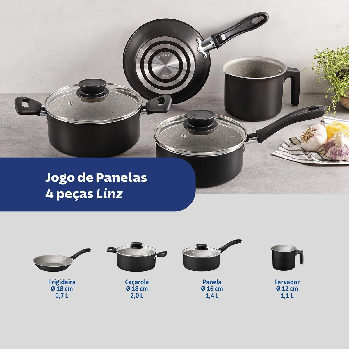 CONJ PANELAS 28299/004 LINZ PRETO 4PCS ALUMINIO C/ REV ANTIADERENTE TRAMONTINA