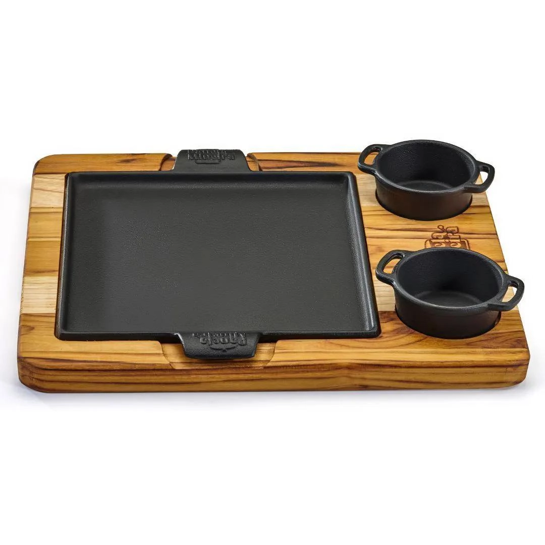 Conjunto para petiscos chapa quadrada 22cm com suporte de madeira e 2 molheiras - Fumil