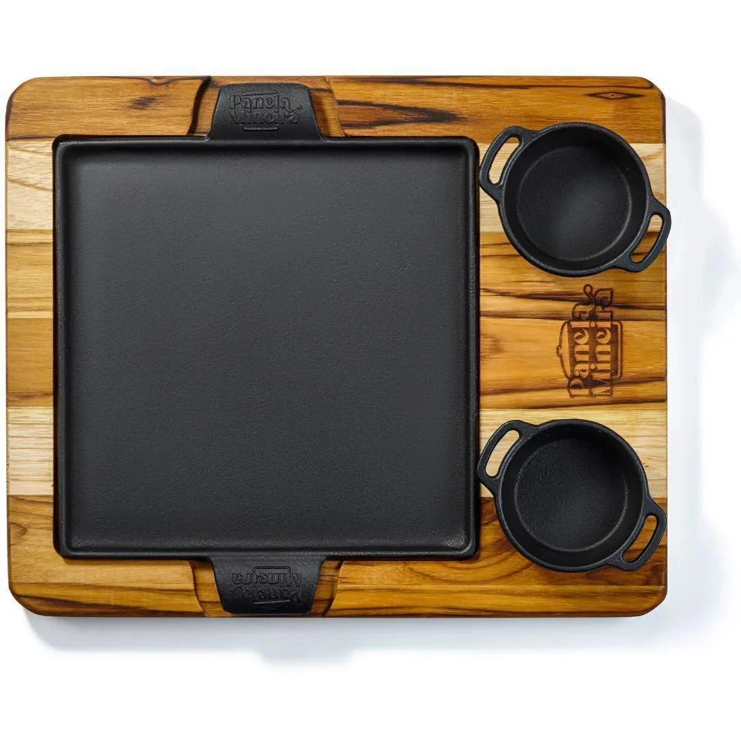 Conjunto para petiscos chapa quadrada 22cm com suporte de madeira e 2 molheiras - Fumil