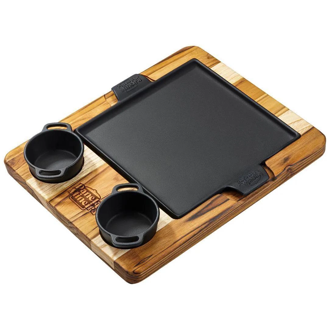 Conjunto para petiscos chapa quadrada 22cm com suporte de madeira e 2 molheiras - Fumil