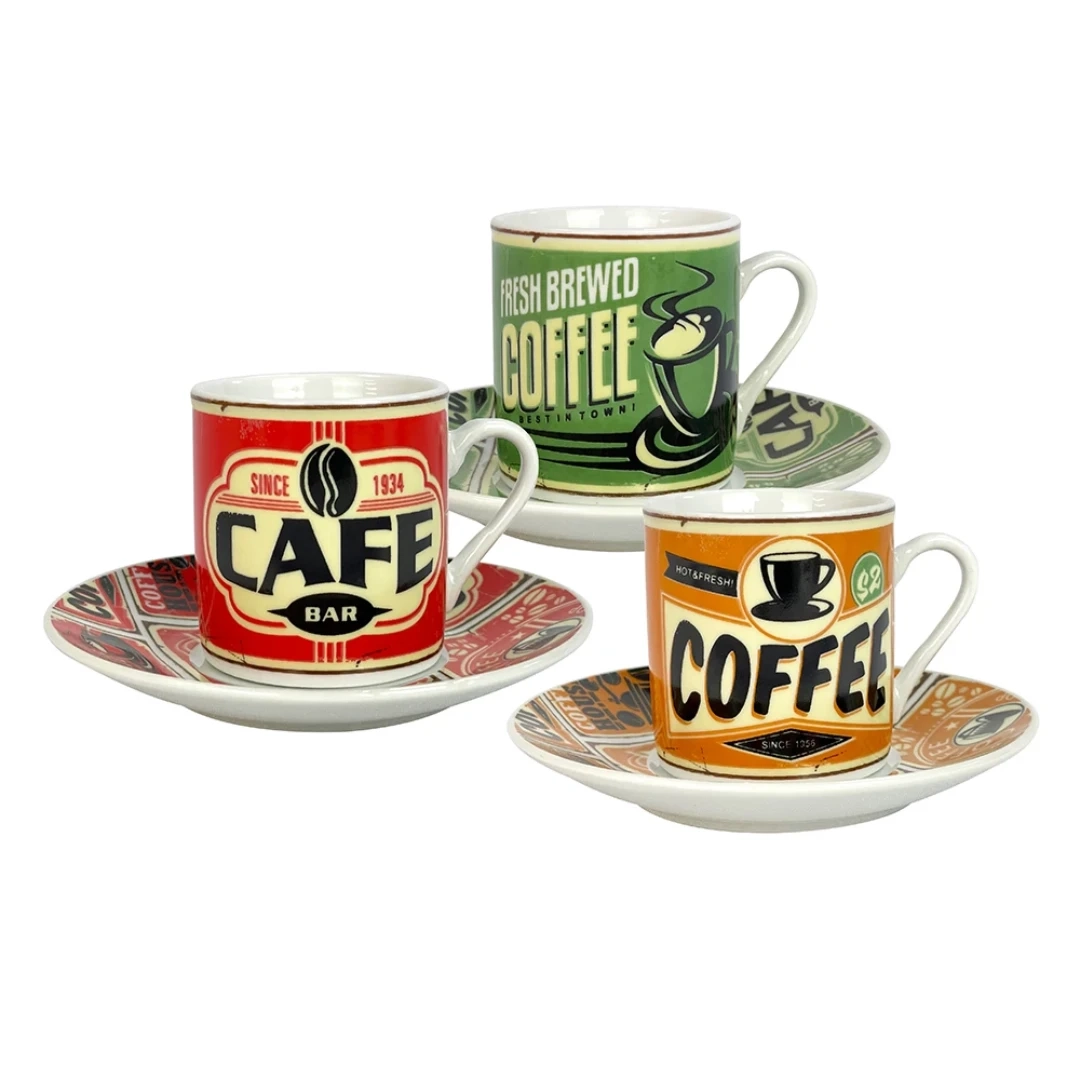 Conjunto de 6 Xícaras de Café Diner Mood Coffee 80 ml com Pires Full Fit