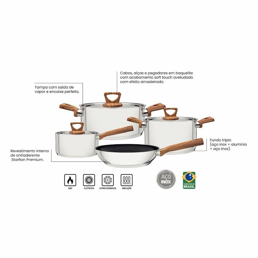Conjunto de panelas brava 4 peças em aço inox com fundo triplo e antiaderente - Tramontina