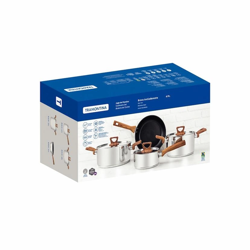 Conjunto de panelas brava 4 peças em aço inox com fundo triplo e antiaderente - Tramontina