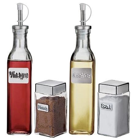 Conjunto Galheteiro Label com Suporte 4 Peças Euroinox