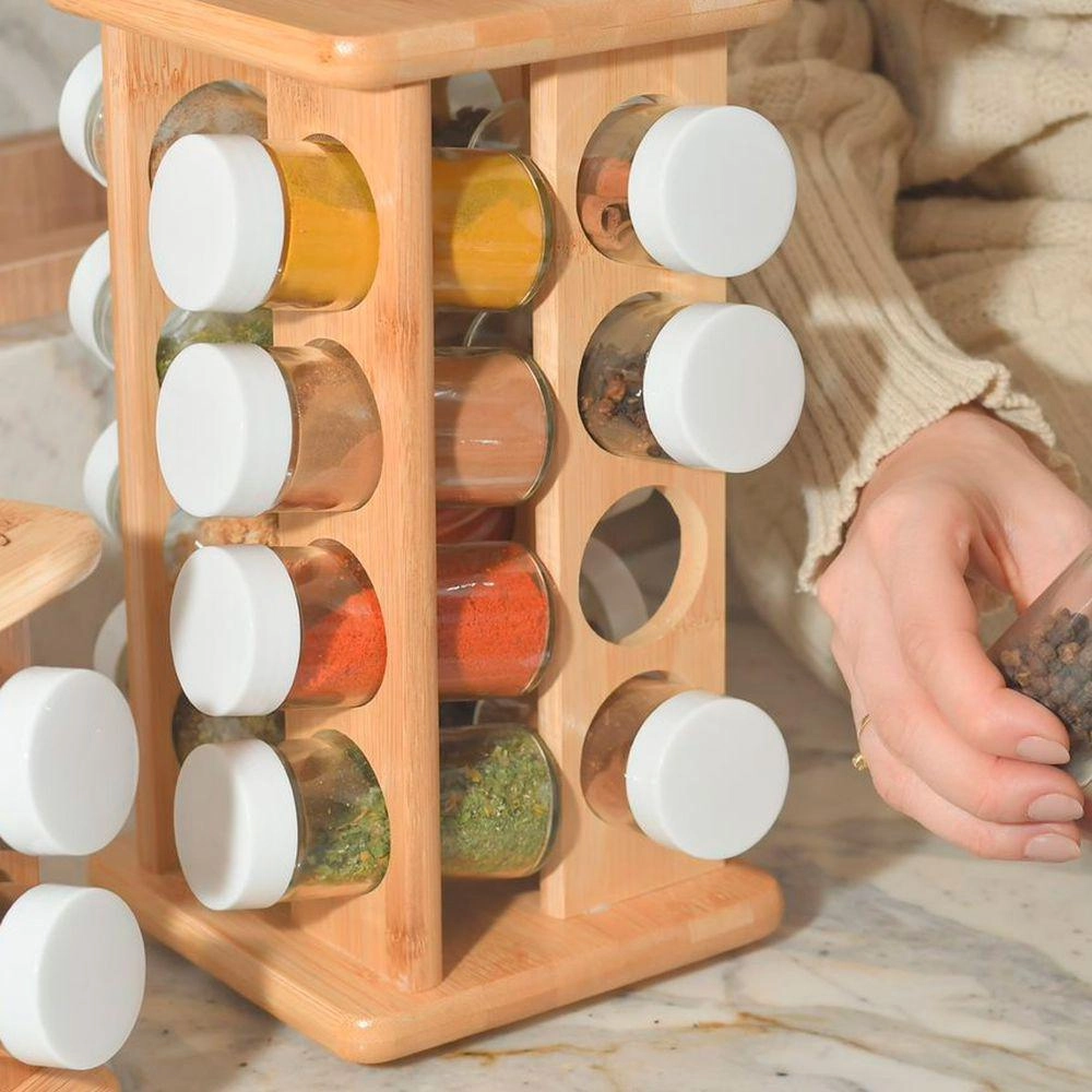 Conjunto organizador de temperos giratório com 17 peças em bambu e vidro 150ml - Martiplast