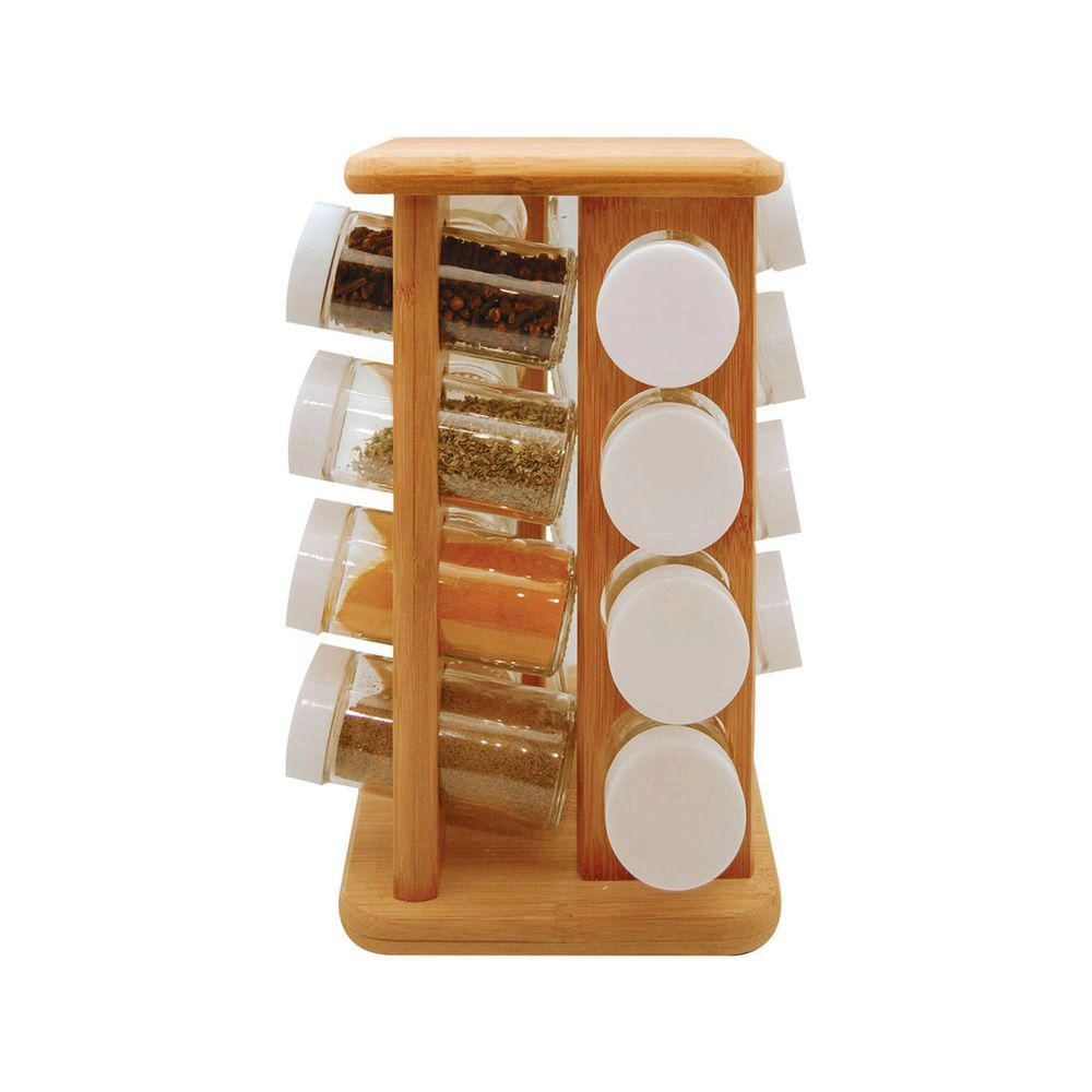 Conjunto organizador de temperos giratório com 17 peças em bambu e vidro 150ml - Martiplast