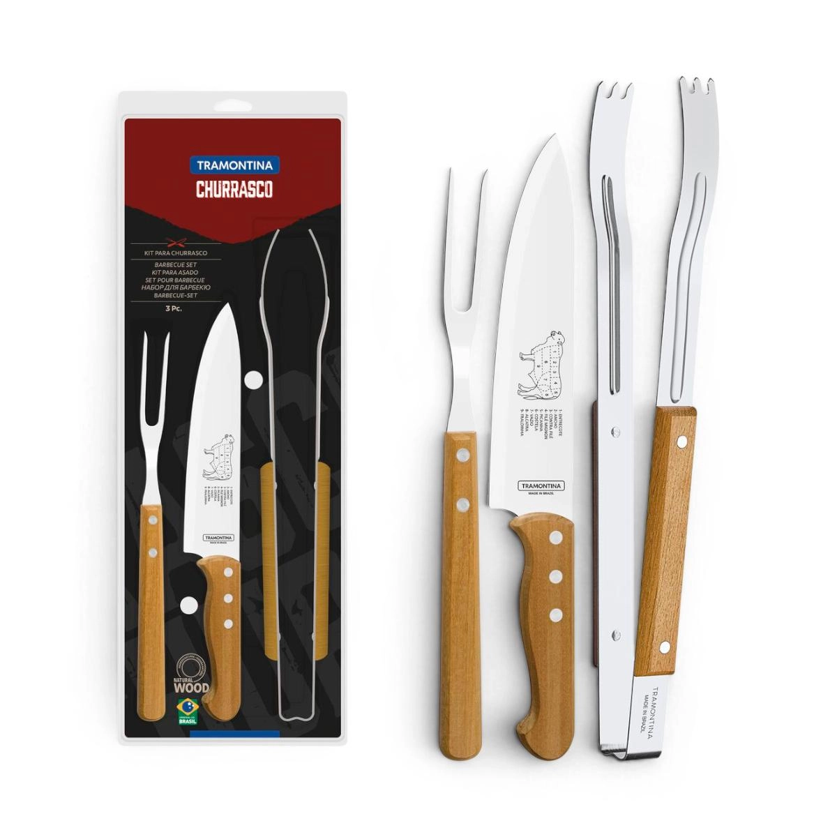 Conjunto para churrasco com faca garfo e tábua em madeira 3 peças - Tramontina