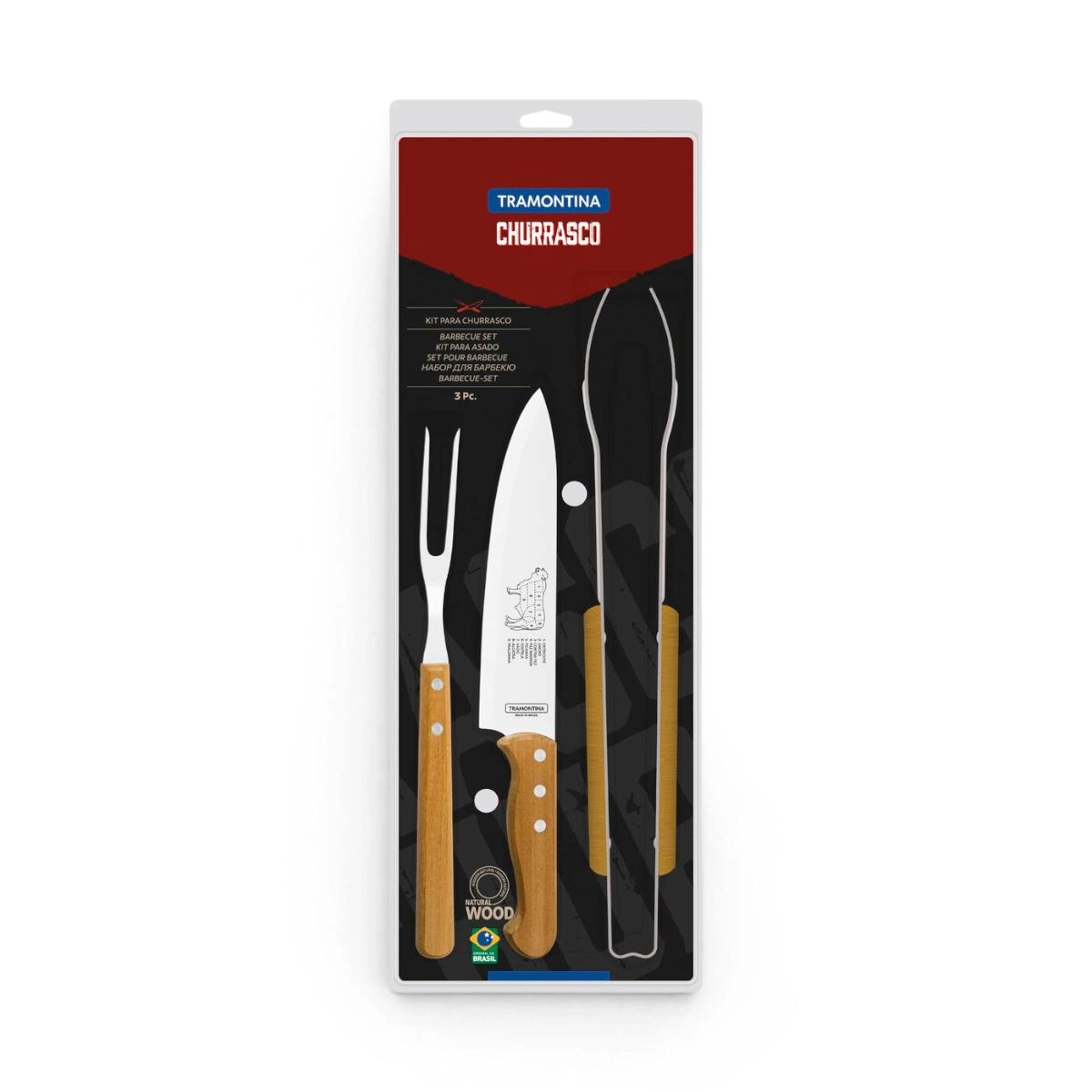 Conjunto para churrasco com faca garfo e tábua em madeira 3 peças - Tramontina