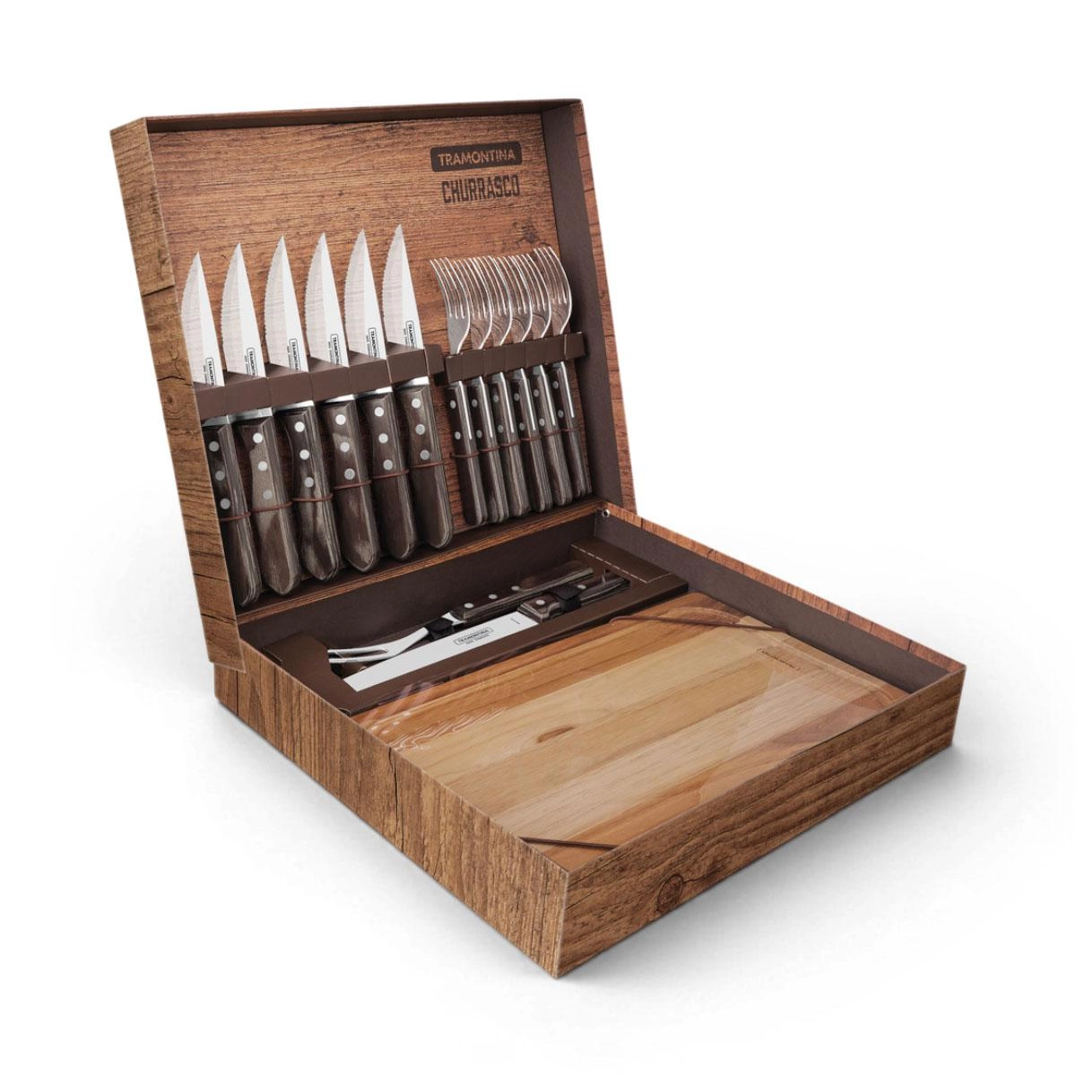 Conjunto para churrasco polywood 15 peças em inox com cabos de madeira - Tramontina