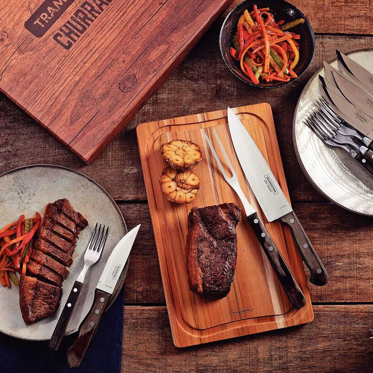 Conjunto para churrasco polywood 15 peças em inox com cabos de madeira - Tramontina