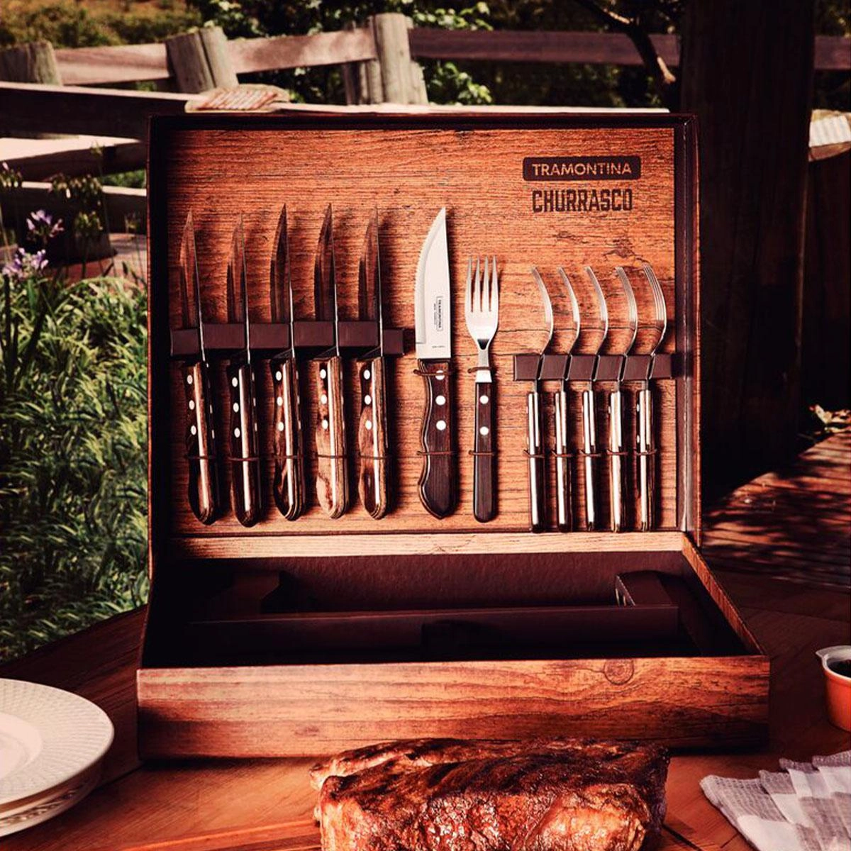 Conjunto para churrasco polywood 15 peças em inox com cabos de madeira - Tramontina
