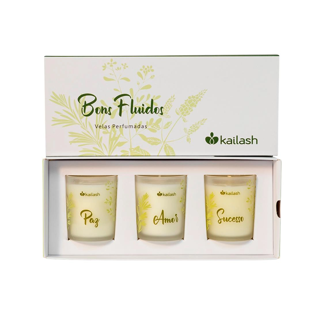 Kit com 3 velas perfumadas energéticas Bons Fluidos 180 g - Kailash