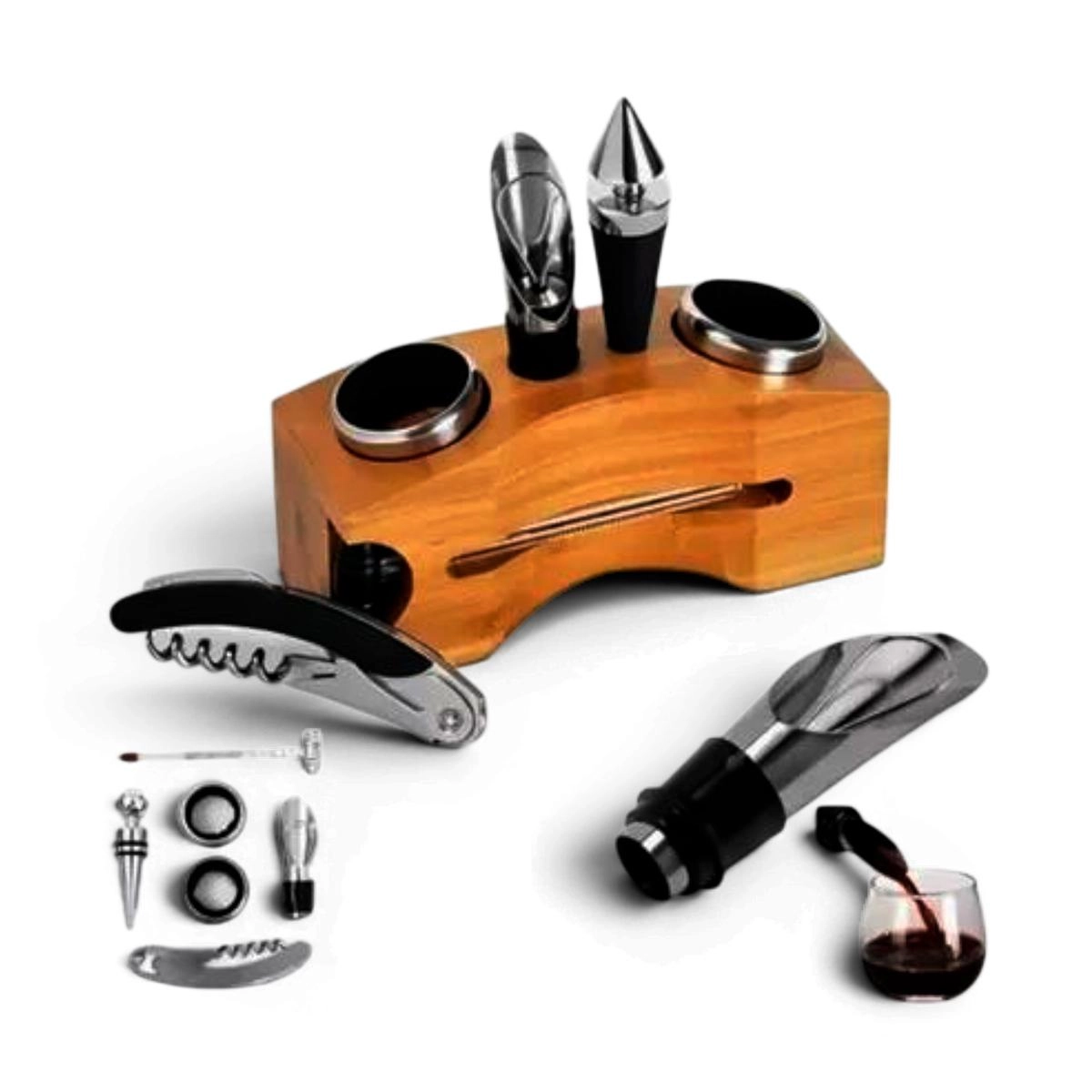Kit para vinho com suporte de bambu 7 peças - Wellmix