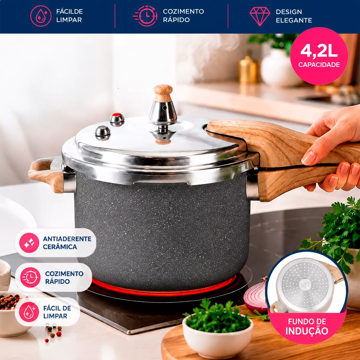 Panela de pressão com revestimento cerâmico para indução 4,2 L cinza - Dolce Home