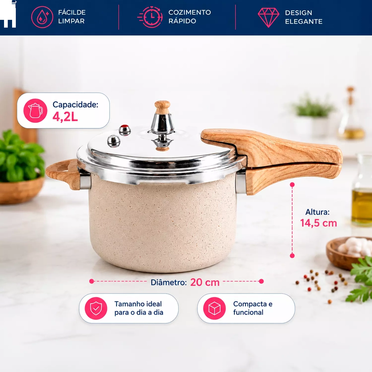 Panela de pressão com revestimento cerâmico para indução 4,2 L creme - Dolce Home