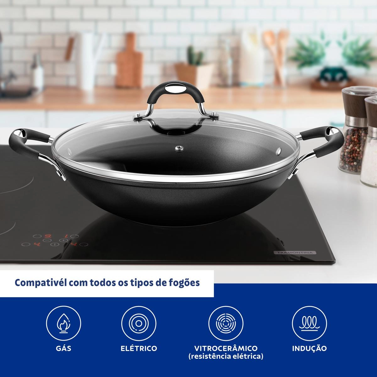 PANELA WOK 28708/032 MONACO INDUCAO PRETO 32CM 4,5LTS ALUMINIO C/ REV ANTIADERENTE TRAMONTINA