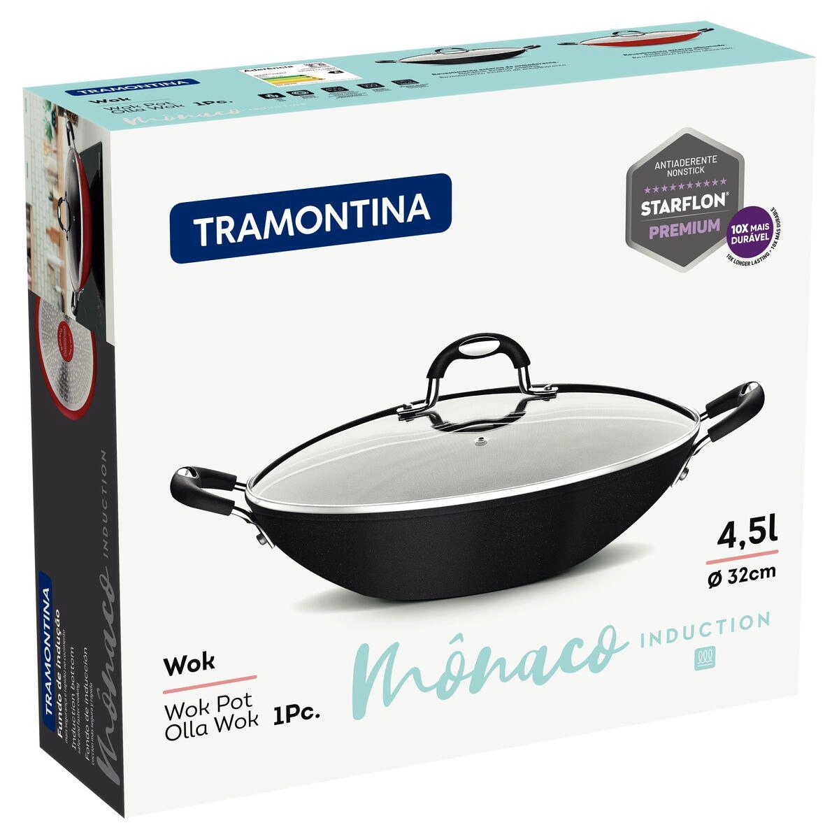 PANELA WOK 28708/032 MONACO INDUCAO PRETO 32CM 4,5LTS ALUMINIO C/ REV ANTIADERENTE TRAMONTINA