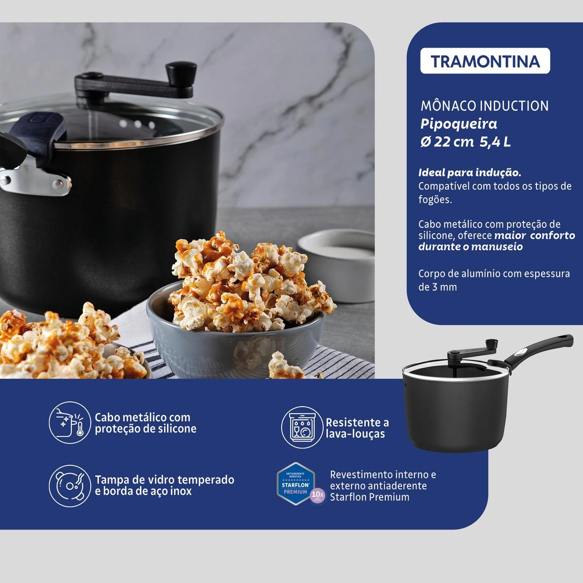 PIPOQUEIRA 28711/022 MONACO INDUCAO PRETO 22CM 5,4LTS ALUMINIO C/ REV ANTIADERENTE TRAMONTINA