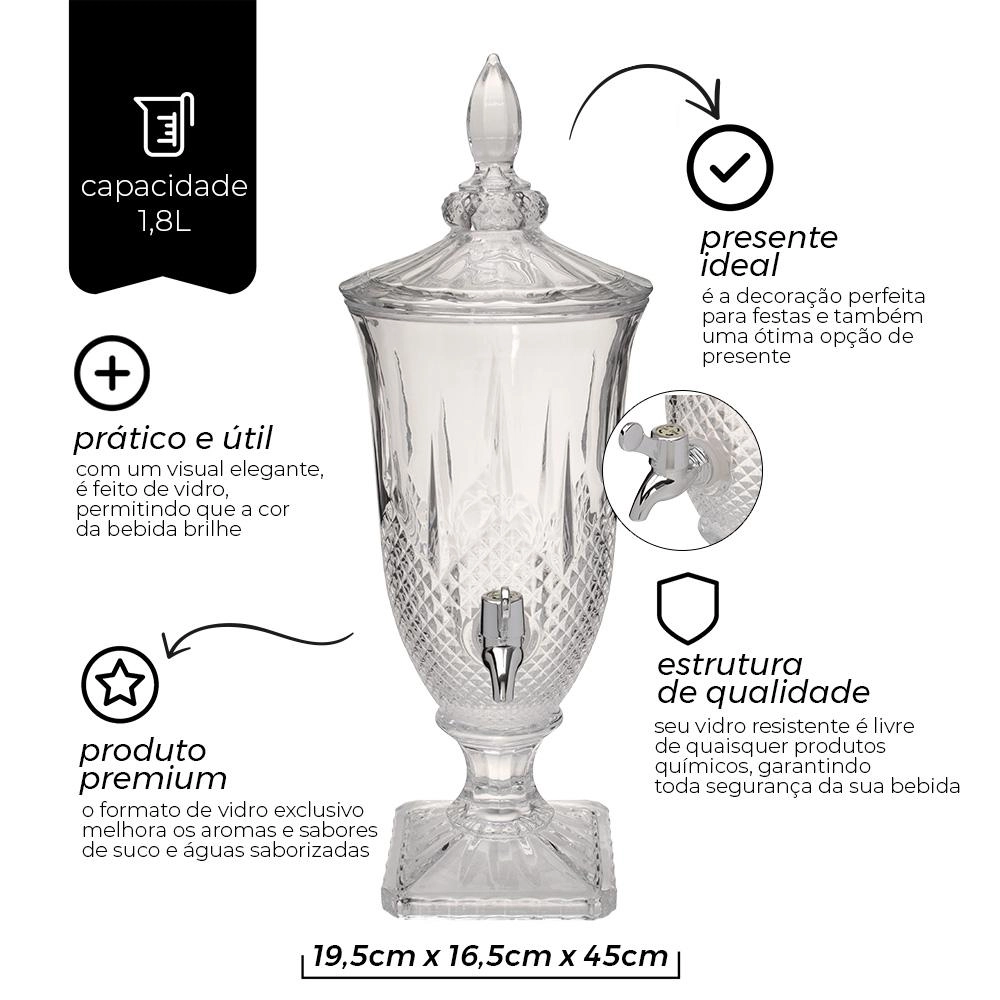 Suqueira verre de vidro 1,8l com torneira para bebidas - Mimo Style
