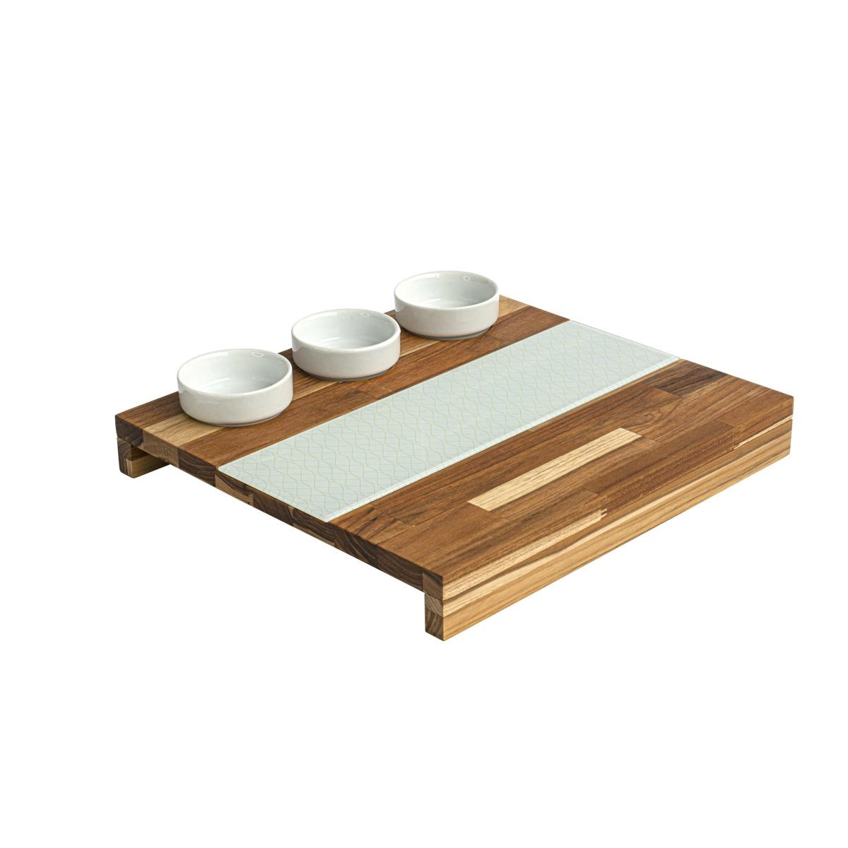 Tábua para Servir com Vidro e 3 Potes Porcelana Stolf